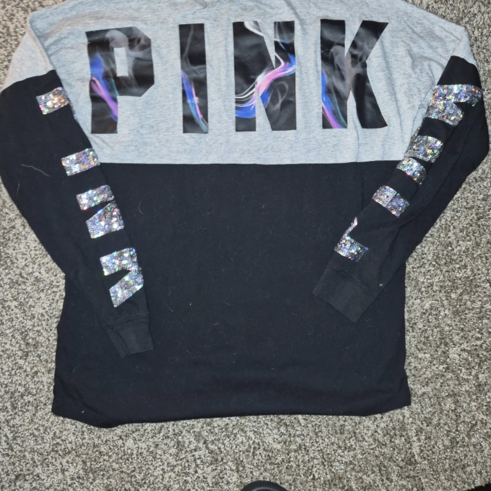 Vs Pink Deadstock Varsity Crew T Shirt with Sequin Details M
